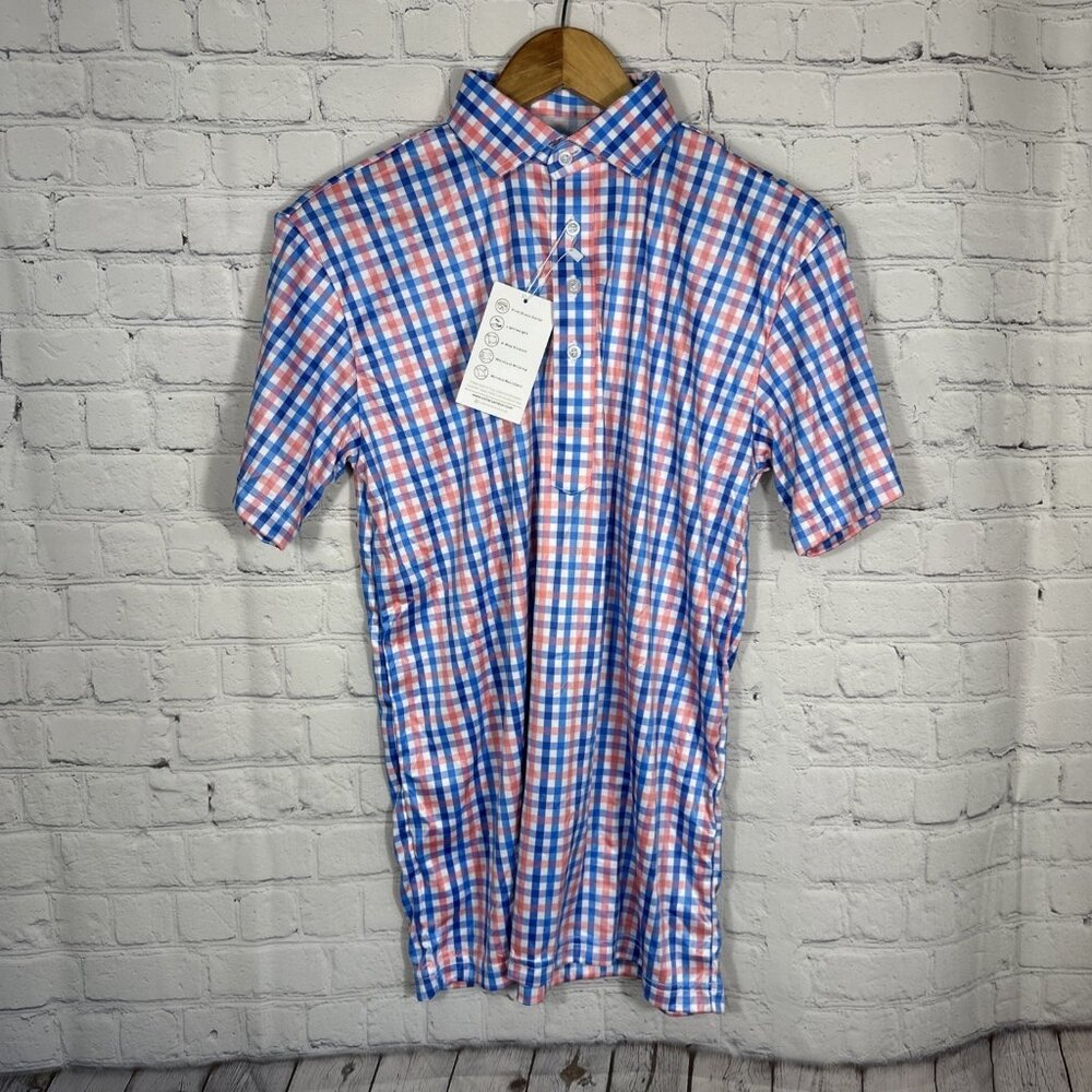 NEW Collars and Co. Dress Collar Polo Shirt Short Sleeve Blue Pink Small Gingham